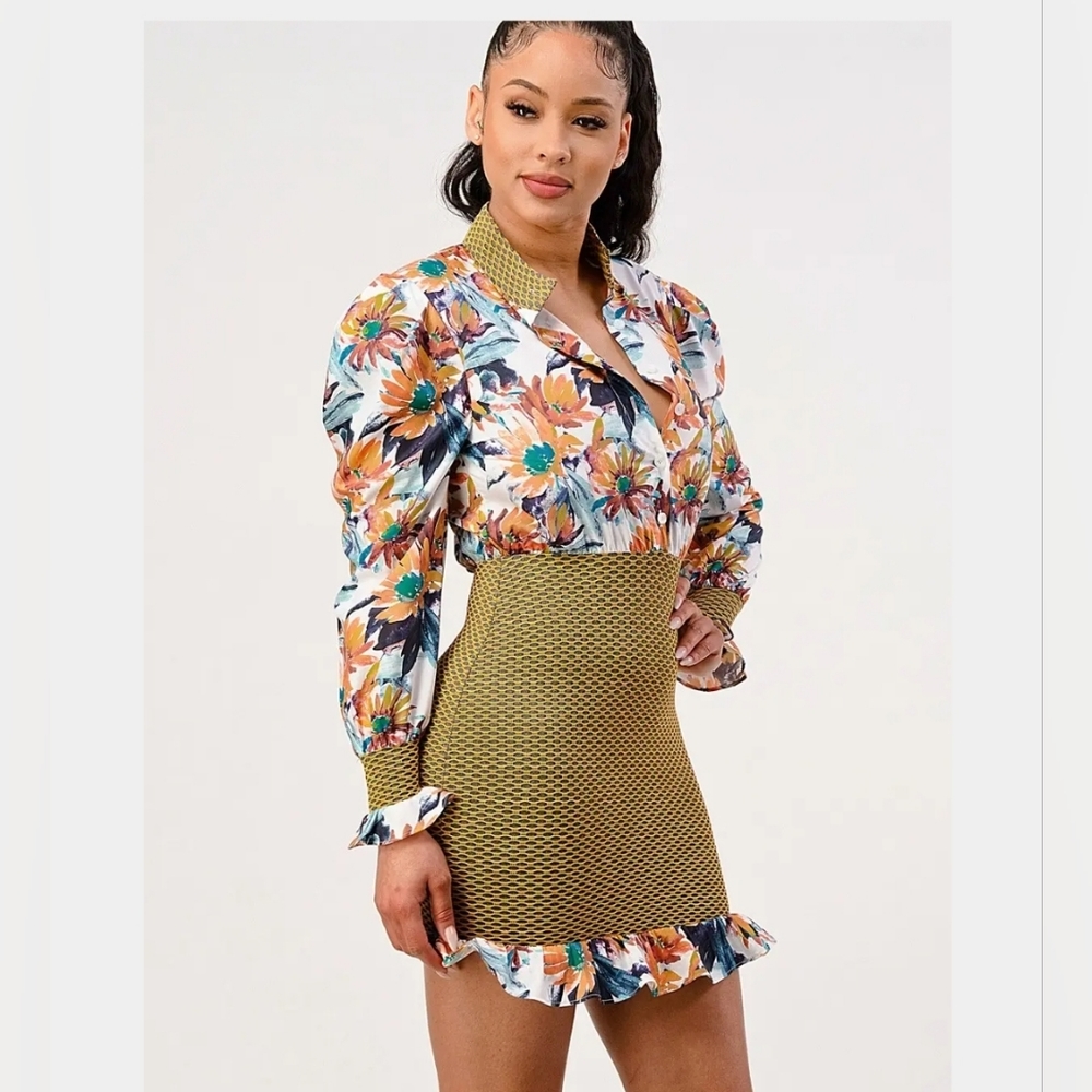 Athina Spring Floral Mesh Contrast Ruffle Mini Dress Size Small - Picture 11 of 16